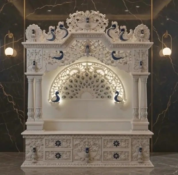 Devotional Mandir — Makrana White, Hand-carved finish
