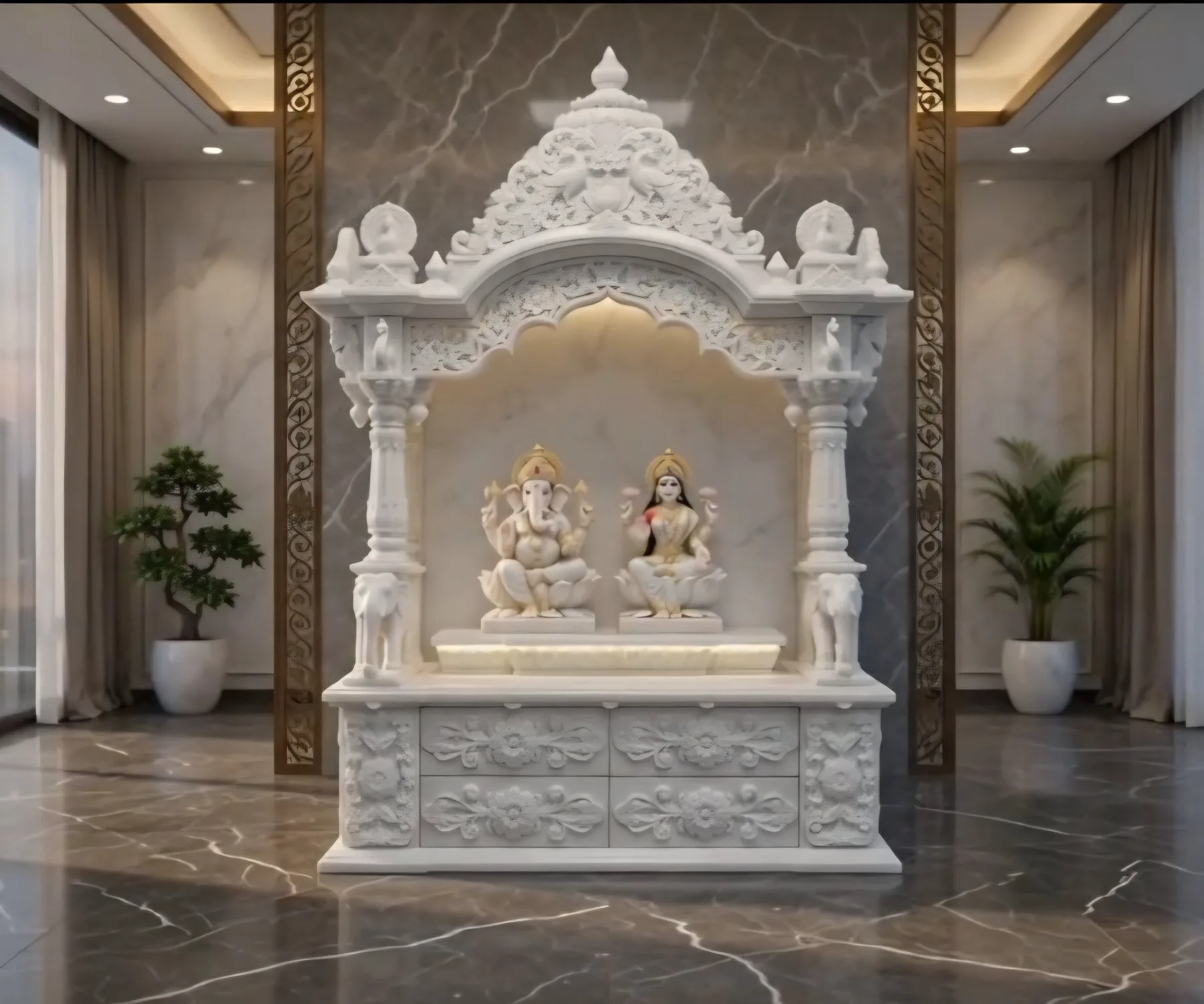 Hand-carved white marble mandir for home with Ganesh and Lakshmi enshrined beneath a carved shikhara