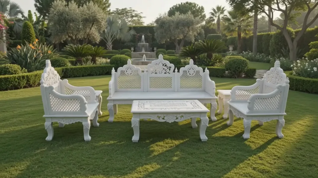 Garden Baithak Set — Makrana White, Hand-carved & pierced finish