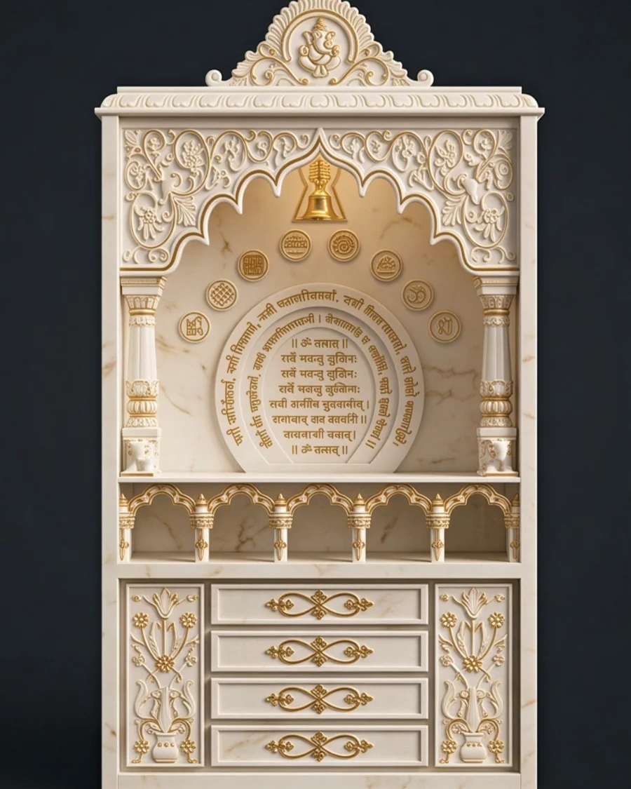 Marble Mandir with Shloka Inlay — Ivory Marble, Gilded engraving finish