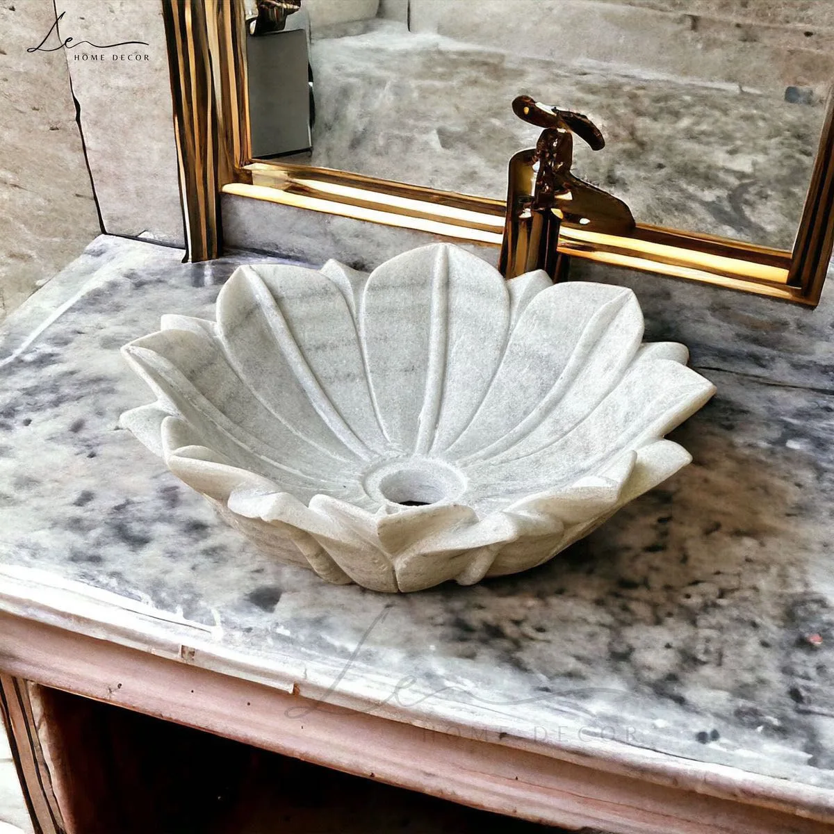 Lotus Carved Basin — Makrana White, Hand-carved finish