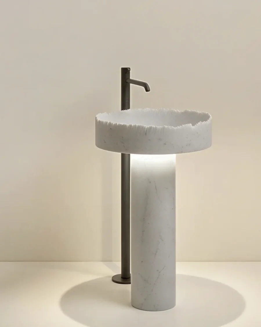 Chiselled White Marble Pedestal Basin — Makrana White, Hand-chiselled & honed finish