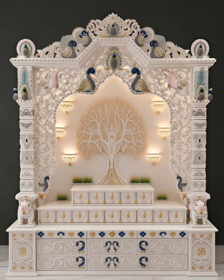Tree of life mandir in Makrana white marble, gold inlay and a pierced peacock crest