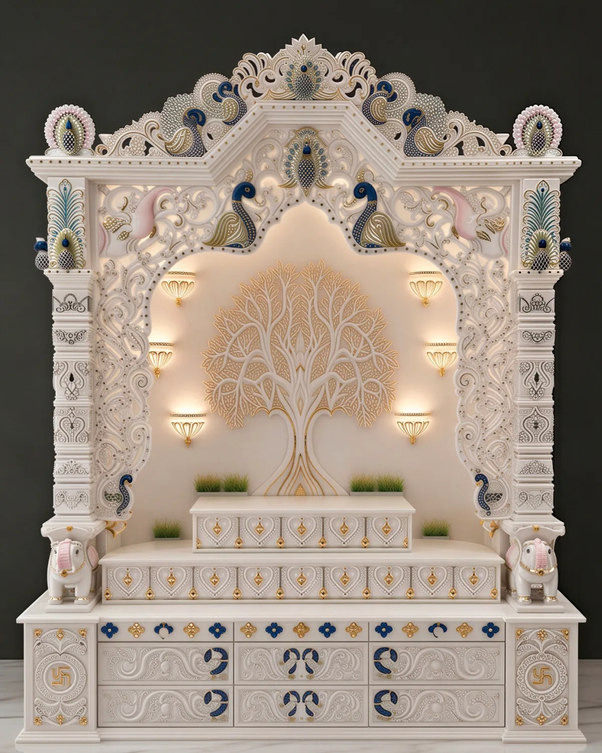 Full-height Makrana white marble mandir for home with gold tree of life inlay and a peacock jali crest