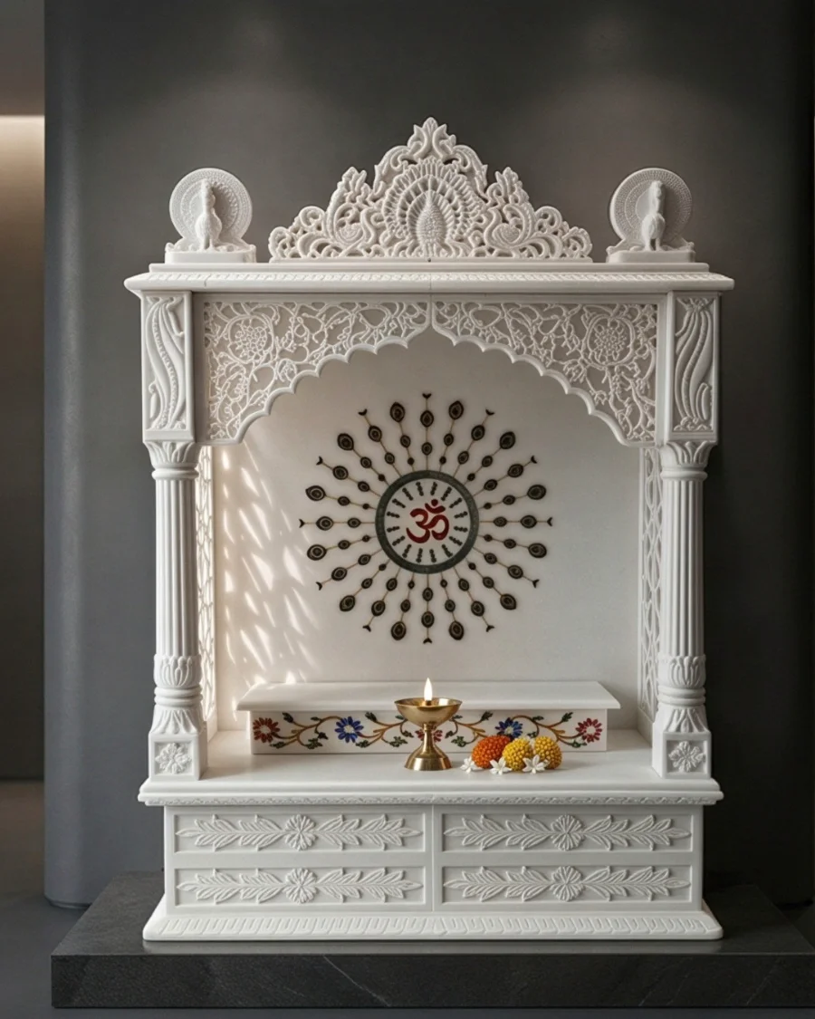 Om Surya mandir in white marble with floral pietra dura running along the step