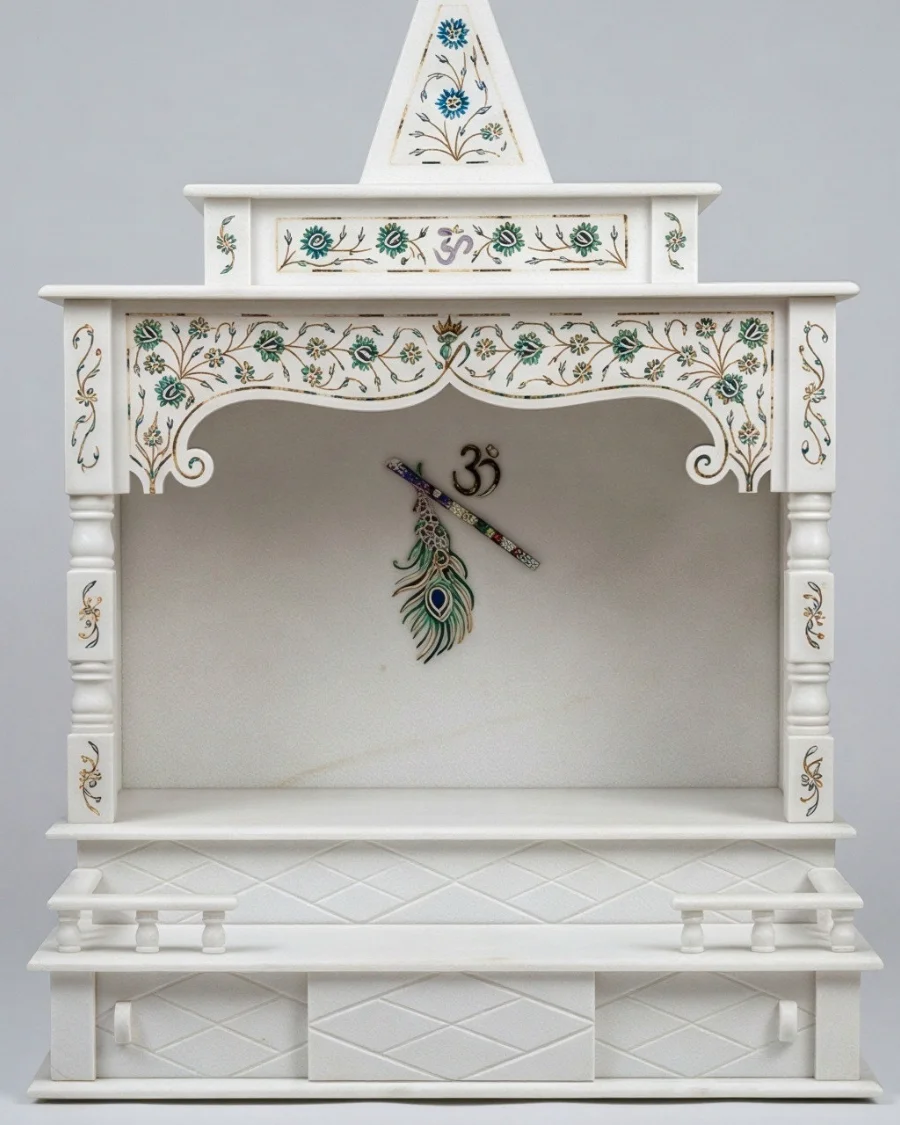 White Marble Temple with Shikhar — White Marble, Carved & inlay finish