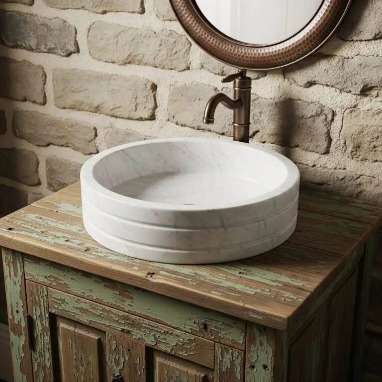 Cream-colored stone wash basin with a minimalist round design, sitting on a dark quartz countertop
